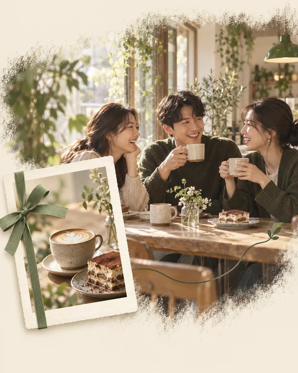 메뉴 선물이 친구들과 가게에서 함께하는 시간으로 이어지는 모습